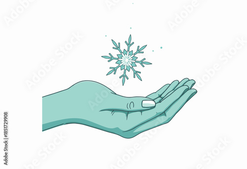 Illustration of an outstretched hand catching a delicate snowflake, symbolizing the beauty and fragility of nature during winter, set against a minimalist background