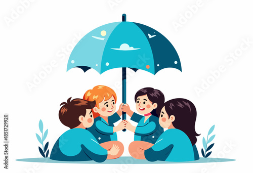 Children Sitting Together Under a Blue Umbrella in Harmony Engaging in Shared Laughter and Friendship Surrounded by Nature's Simple Beauty on a Quiet Day