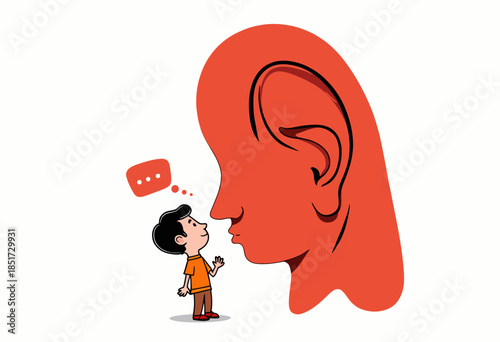 Illustration of Child Gaining Confidence by Overcoming Fear While Facing a Giant Ear Representation of Listening and Communication Skills