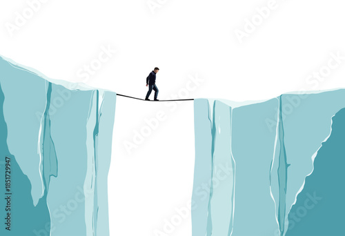 Person Walking on Narrow Bridge Between Two Tall Ice Cliffs with Blue and White Color Palette Illustrating Risk and Balance