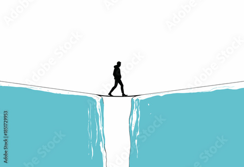Silhouette of a Person Walking Across a Narrow Snowy Bridge Over an Abyss with Dramatic Cliffs and a Clear Sky Showing the Theme of Solitude and Courage