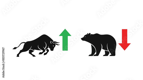 Minimalist flat vector illustration of stock market symbols bear and bull