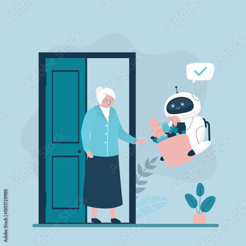 Delivery service. Cyborg сourier gives box to old customer. Aged woman receives box from shipper. Smart robot holding bag with food. Technology of automatically shipment
