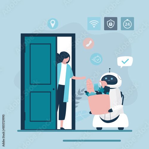Delivery service. Cyborg сourier gives box to customer. Woman receives box from shipper. Smart robot holding bag with food. Technology of automatically shipment and delivery.