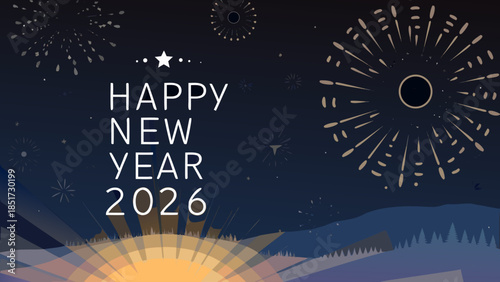 A festive happy new year 2026 illustration with fireworks and a stylized landscape at the bottom edge