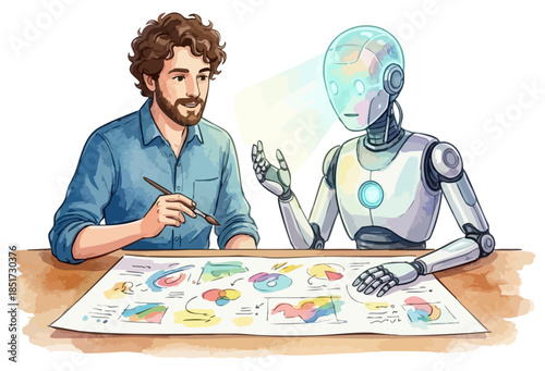 Human and AI robot collaborating on creative design project. Future of work: man and artificial intelligence planning strategy together. Artist and AI assistant analyzing charts, data visualization