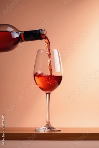 Pouring rose wine into a glass on a wooden surface against a muted background