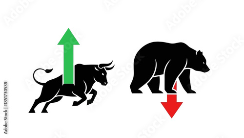 Minimalist flat vector illustration of stock market symbols bear and bull