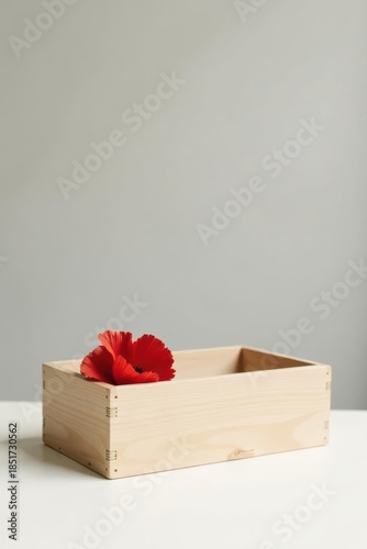 A single vibrant red poppy blossom rests gently inside a light wooden rectangular container, a minimalist still life arrangement on a neutral backdrop.
