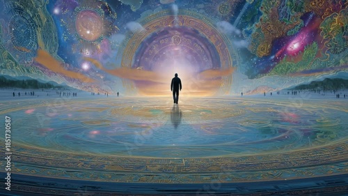 Silhouette walking towards light in a surreal landscape digital composition