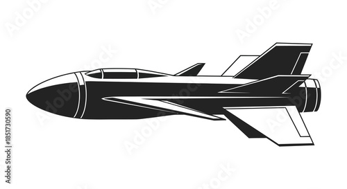 A striking black and white illustration of a futuristic aircraft a bold silhouette