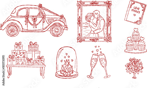 Vintage wedding car and romantic couple in frame hand drawn doodle vector, wedding gift boxes and champagne toast sketch illustration