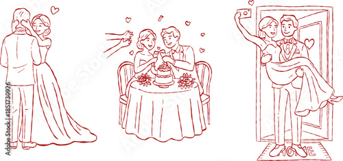 Wedding couple celebration set with bride and groom dinner, carrying bride over threshold, and surprise eyes covered hand drawn doodle vector