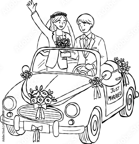 Just married couple in convertible car waving valentine hand drawn doodle vector, romantic bridal getaway auto sketch illustration