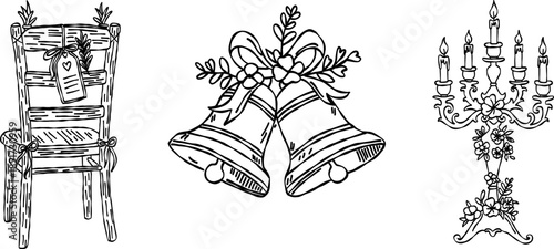 Wedding bells and floral candelabra valentine hand drawn doodle vector, romantic rustic ceremony chair sketch illustration, minimalist love elements