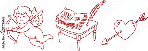 Cute cupid shooting bow and arrow valentine hand drawn doodle vector, romantic love book with quill on table sketch illustration, heart with arrow elements