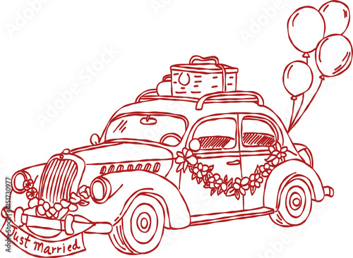 Vintage wedding car with Just Married banner and balloons valentine hand drawn doodle vector, romantic honeymoon travel auto sketch illustration
