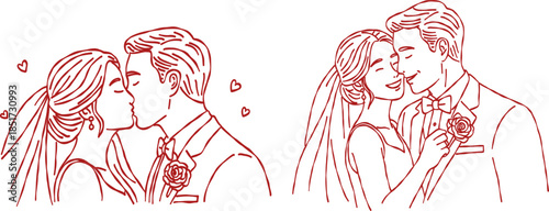 Romantic wedding couple kissing and smiling hand drawn doodle vector, bride and groom in suit and veil sketch illustration, minimalist love marriage elements
