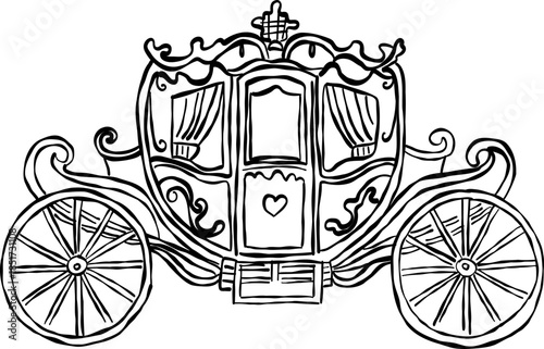 Royal wedding carriage and pumpkin coach valentine hand drawn doodle vector, fairytale romantic horse carriage sketch illustration, love fantasy elements