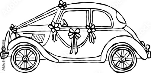 Vintage wedding car with floral decoration valentine hand drawn doodle vector, cute romantic bridal auto sketch illustration, minimalist love vehicle elements
