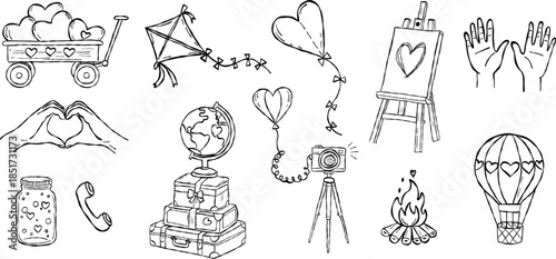 Heart wagon and travel suitcase valentine hand drawn doodle vector, globe and campfire sketch illustration, minimalist love elements for adventure story