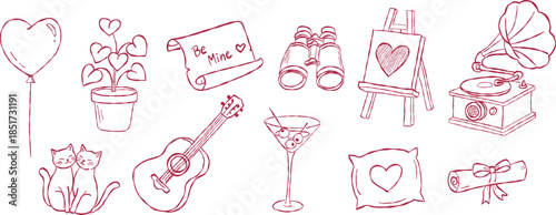 Cute cats and acoustic guitar valentine hand drawn doodle vector, pink romantic binoculars and easels sketch illustration, minimalist love elements for decor