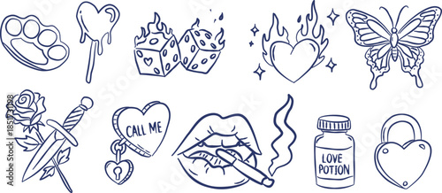 Edgy valentine hand drawn doodle vector with burning heart and butterfly, retro tattoo sketch illustration, minimalist dagger and dice elements for y2k design