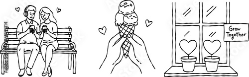 Young couple sitting on bench with headphones hand drawn doodle vector, sharing ice cream and heart plants sketch illustration, grow together concept