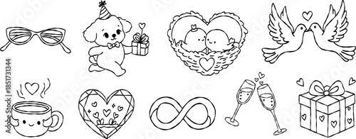 Cute puppy with gift and love birds in nest hand drawn doodle vector, romantic champagne toast and infinity symbol sketch illustration, valentine set