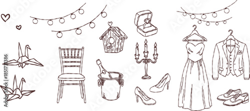 Wedding dress and groom suit attire set hand drawn doodle vector, bridal rings and ceremony chair decor sketch illustration, celebration elements