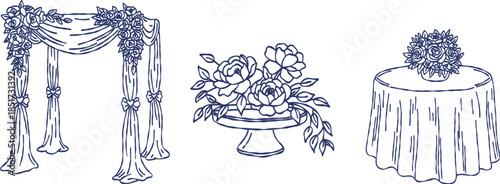 Wedding arch gazebo and floral table centerpiece set hand drawn doodle vector, romantic venue decoration and flowers sketch illustration