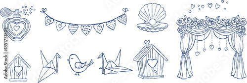 Romantic perfume bottle and wedding floral arch hand drawn doodle vector, origami birds and birdhouse sketch illustration, love heart bunting elements