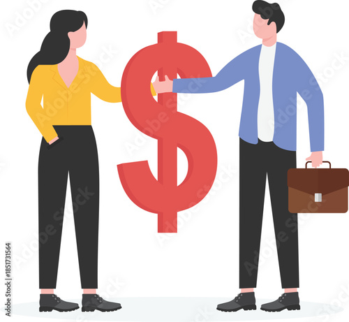 Business partners closing a successful financial deal with a large dollar sign.
