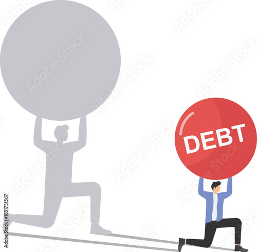 Title: Man struggling under the heavy burden of financial debt and pressure illustration.

