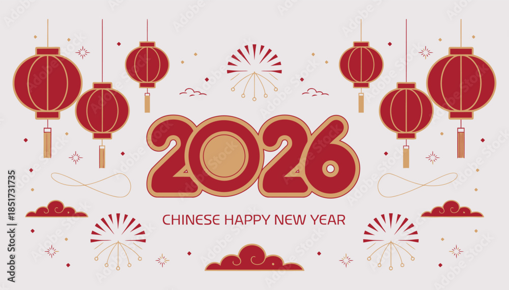 Naklejka premium 2026 Chinese Happy New Year Celebration Background with Red Lanterns, Clouds, and Fireworks Vector Illustration