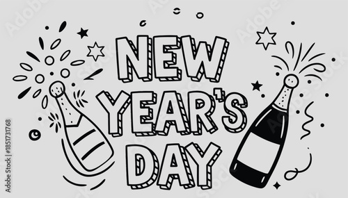 New Year's Day Celebration Doodle with Champagne and Confetti, Vector illustration
