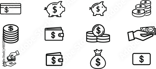 Collection of financial icons including currency symbols and money management