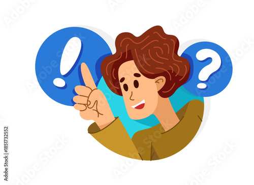 Young person talking online from a speech bubble, vector illustration of a conversation with accent on one-person trainer or mentor, online dialog, video speaker, social media commentator.