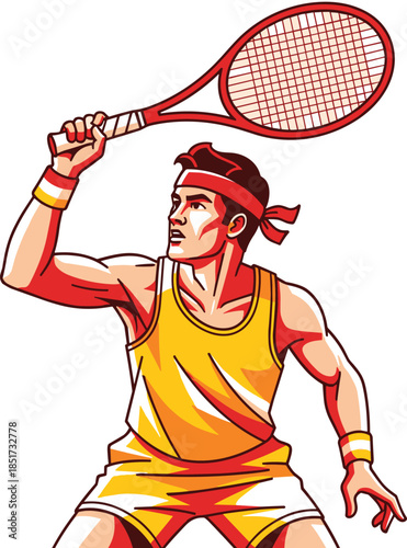 Powerful Male Tennis Player Athlete Preparing for an Overhead Serve or Smash with Racket Raised High, Vector Illustration of Sportsman in Intense Dynamic Action Pose and Uniform