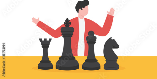  Strategic leader planning moves with large chess pieces on a corporate table
