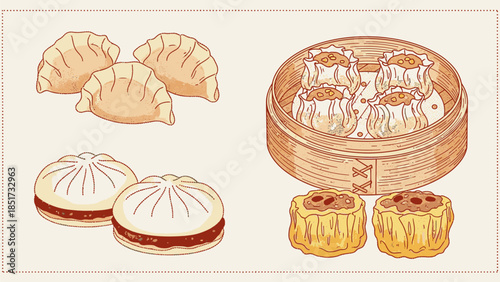 Vector Dim Sum Sketch Illustration – Vintage Dumplings & BBQ Pork Bun Line Art