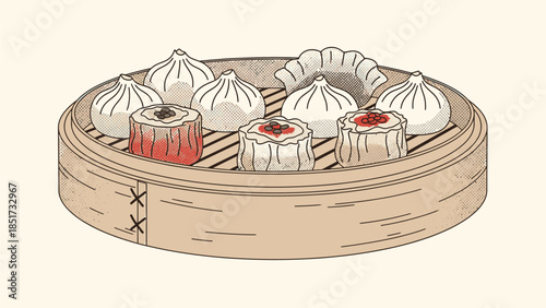 Vector Dim Sum Sketch Illustration – Vintage Dumplings & BBQ Pork Bun Line Art