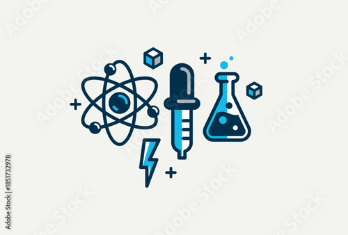 Chemistry vector detailed icon, science theme, laboratory flasks and microscopic molecules, pharmacology and biochemistry.