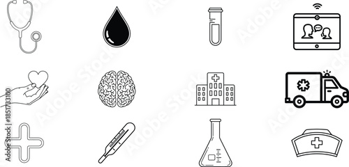 Collection of various icons related to temperature science and transportation