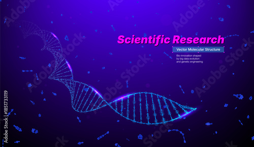 Scientific research vector background with glowing DNA helix and virus particles in blue neon style. Futuristic medical biotechnology concept for healthcare innovation and genetic engineering data.