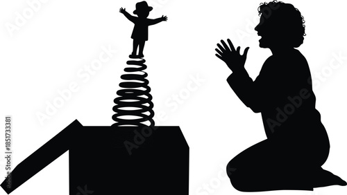 Parent encouraging child confidence, parenting motivation concept, jack in box surprise symbol, family support isolated on white background illustration vector