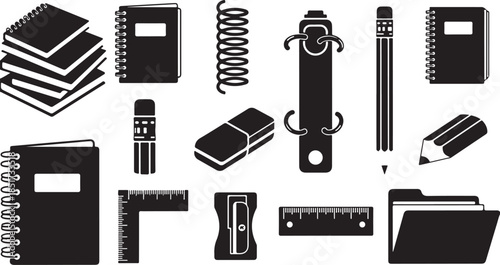 Black icons of school supplies on white background