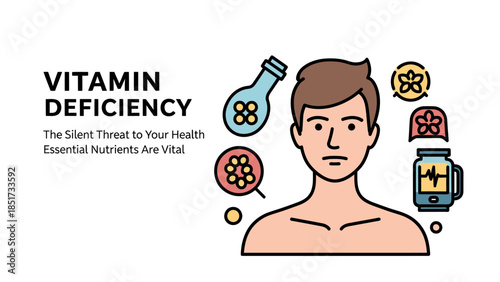 Vitamin deficiency health awareness illustration with human profile and nutrient icons