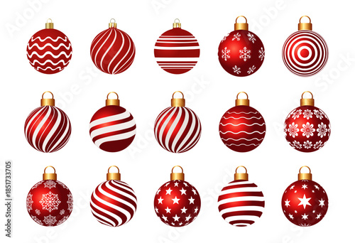 Red Christmas Ornament Balls Set with Simple White Line Patterns Vector - Merry Christmas