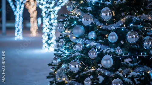 Close-up shot of a decorated Christmas tree with glowing lights and snow on a cold winter evening, perfect for holiday celebrations and festive greetings